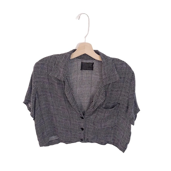 Reformation Plaid Short Sleeve Cropped Blouse Top Collared Black and White - Picture 1 of 5